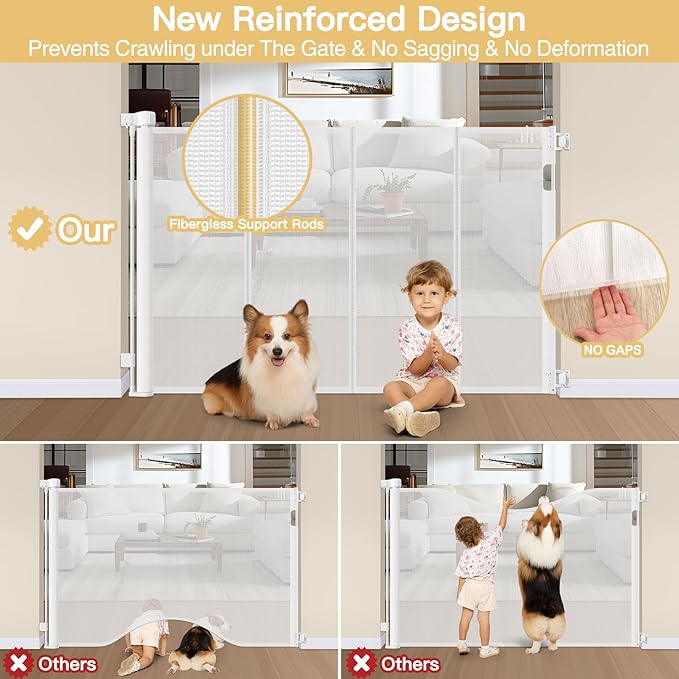 Reinforced 42" Extra Tall Retractable Baby Gates Extra Tall Dog Gate with Support Rods, 55" Wide Mesh Baby Gate Retractable Pet Gate Indoor/Outdoor Tall Baby Gates for Dogs - Bottom Anti-Escape, White