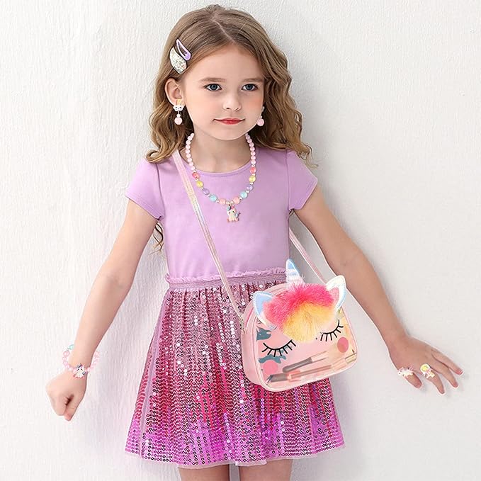 Unicorn Purse with Jewelry Set Little Girls, Unicorn Necklace Rings Bracelet Earrings Handbag Accessories, Princess Dress Up Jewelry Set Party Favors Gift