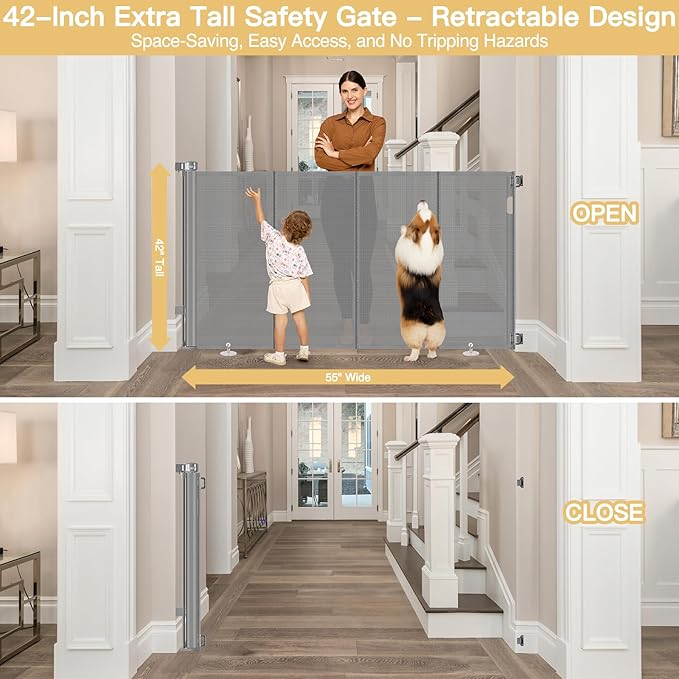 Reinforced 42" Extra Tall Baby Gate 55" Wide Retractable Dog Gate with Support Rods - Bottom Anti-Escape, Extra Tall Pet Gate Indoor Stair Gate Retractable Gates for Dogs Outdoor Gates for Decks, Gray