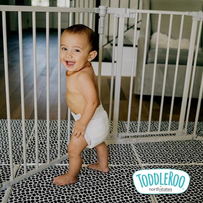 Toddleroo by North States 3 in 1 Metal Superyard 8 Panel Play Yard, Baby Gate, Playpen or Extra Wide Baby Fence, 199" Wide. Wall Mount Kit Included. 19 sq ft play yard (30" tall, Taupe)