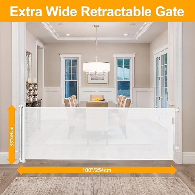 Mom's Choice Awards Winner - WOMHOM 100 Inch Extra Wide Retractable Baby Gates Extra Wide Baby gate for Large Opening Extra Long Dog Gates for The House Extra Large Pet Gate for Dogs Indoor Baby Fence
