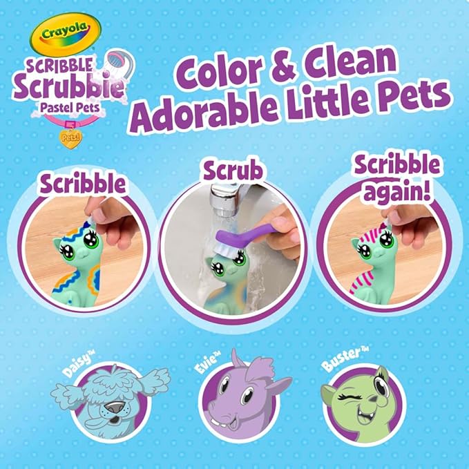 Crayola Scribble Scrubbie Pastel Pets (3ct), Grooming Pet Toy for Kids, Washable Animal Figurine, Arts & Crafts, Gift for Girls & Boys, 3+