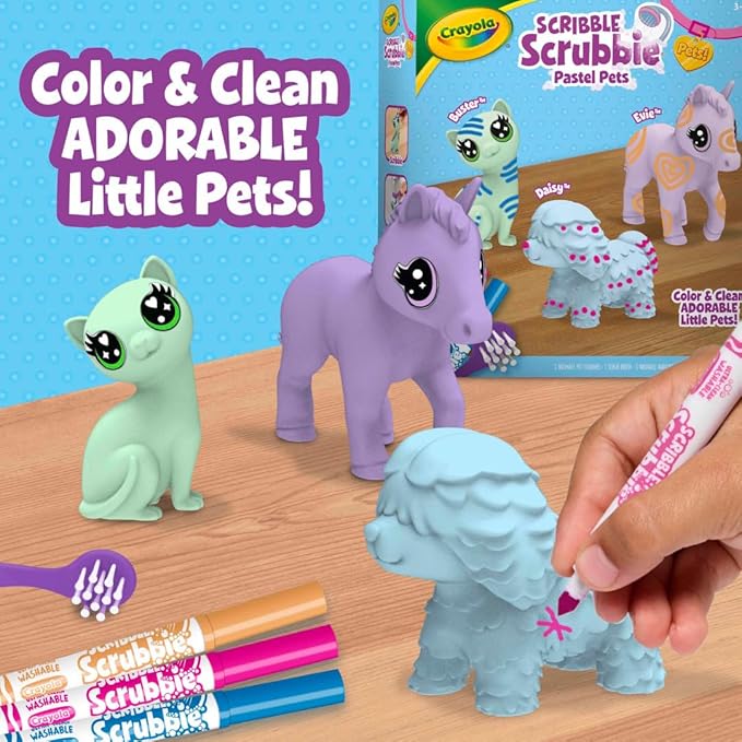 Crayola Scribble Scrubbie Pastel Pets (3ct), Grooming Pet Toy for Kids, Washable Animal Figurine, Arts & Crafts, Gift for Girls & Boys, 3+