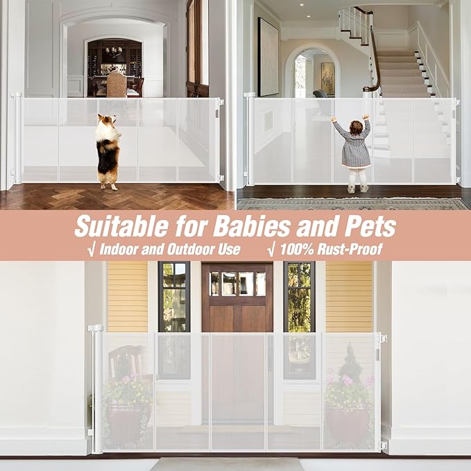 Reinforced 42" Extra Tall x 75" Wide Retractable Gate with Support Rods - Prevent Crawling Under Extra Tall Baby Gate Retractable Dog Gate Indoor Long Dog Gate Outdoor Retractable Pet Gate, White