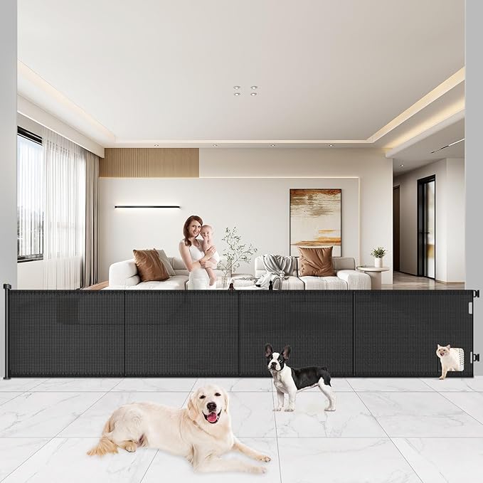 Pawtners Retractable Baby Gates Extra Wide, 41" Tall Extends up to 200" Wide, Dog Gate Indoor with Cat Door for Stairs, Pet Gate with Support Rods for Doorways Hallways Indoor & Outdoor-Black