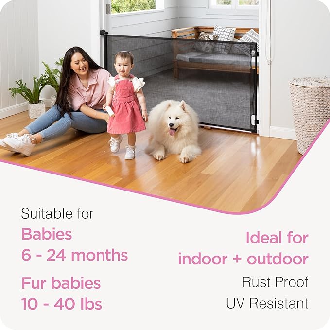 Perma Child Safety Retractable Baby Gate, 71" Wide x 33" Tall, Mesh for Stairs, Doorways, Indoors, Outdoors, Dogs, One-Hand Operation, Locks, Easy Install, Black