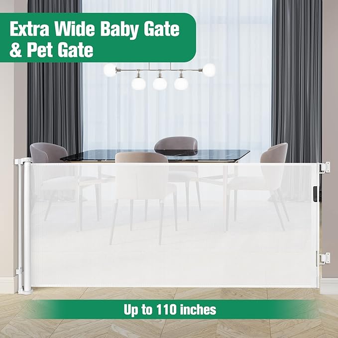 Mom's Choice Awards Winner - 110 Inch Extra Wide Baby Gate for Large Openings Retractable Baby Gates Indoor Outdoor Extra Long Baby Gate for Doorway Stair Gates for Kids or Pets Extra Large Dog Gate