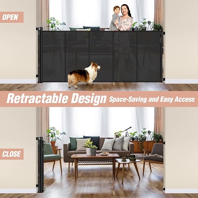 Reinforced 42" Extra Tall x 75" Wide Retractable Baby Gate with Support Rods - Prevents Crawling Under Extra Tall Dog Gate Indoor Mesh Gate Outdoor Long Baby Gate Tall Dog Gates for Doorways, Black
