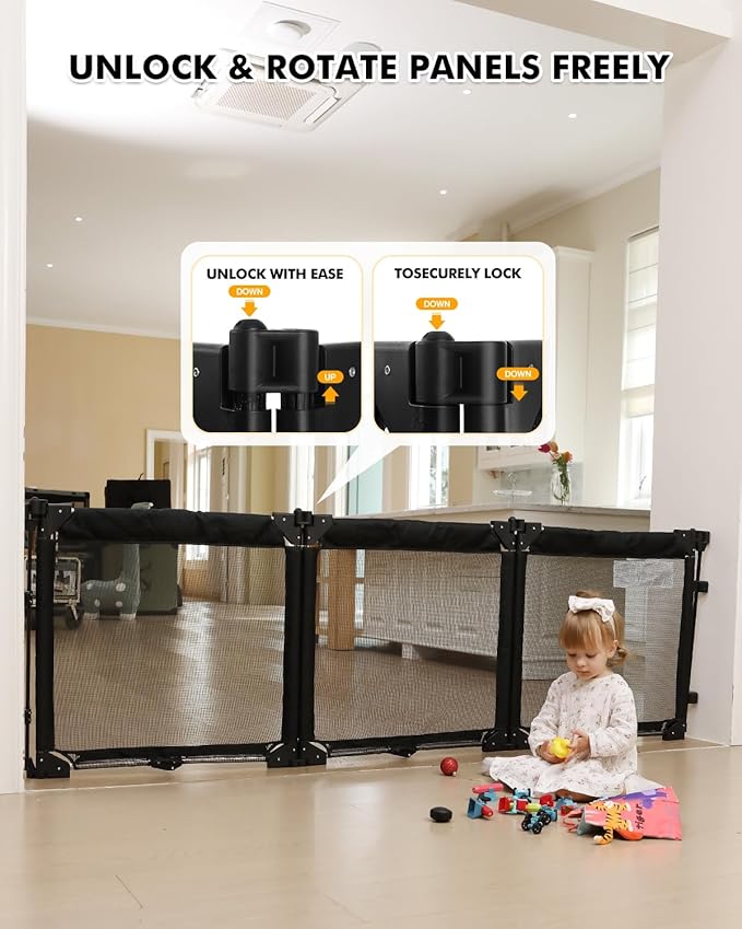 Dearlomum Extra Wide Baby Gate Playpen with Heat-Resistant Mesh,3 Panel Foldable Baby Fence,Indoor/Outdoor Safety Barrier,Dog Playpen &Fireplace Baby Gate