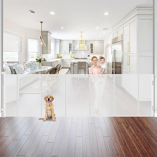 Reinforced 42" Extra Tall Retractable Baby Gates 96" Wide Retractable Dog Gate with Support Rods-Prevent Crawling Under Long Baby Gate Extra Tall Dog Gate Indoor/Outdoor Tall Baby Gates for Dogs/White