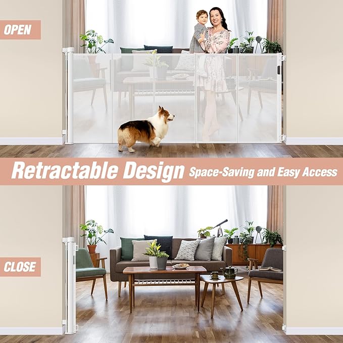 Reinforced 42" Extra Tall x 75" Wide Retractable Gate with Support Rods - Prevent Crawling Under Extra Tall Baby Gate Retractable Dog Gate Indoor Long Dog Gate Outdoor Retractable Pet Gate, White