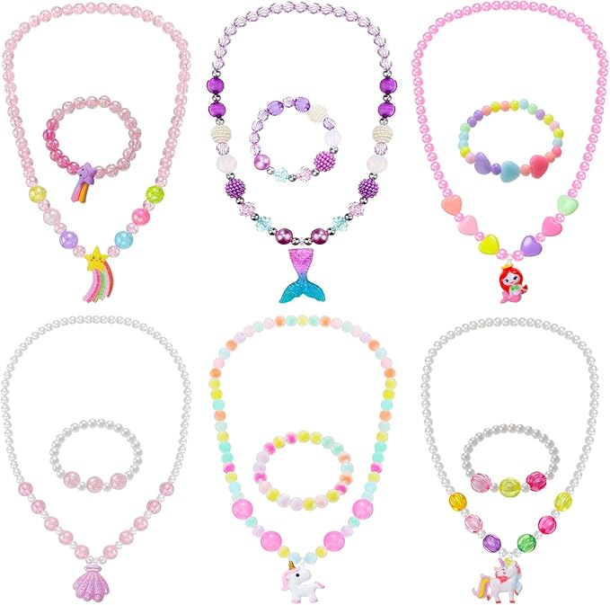 Sumind 6 Sets Play Jewelry for Little Girls Princess Necklace Bracelet Set Includes Kid Beaded Necklace Bracelet for Toddler Christmas Birthday Party Favors Cosplay(Shell, Star, Mermaid, Heart)