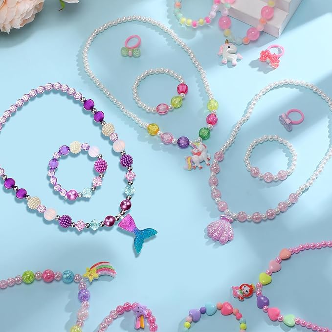 Sumind 6 Sets Play Jewelry for Little Girls Princess Necklace Bracelet Set Includes Kid Beaded Necklace Bracelet for Toddler Christmas Birthday Party Favors Cosplay(Shell, Star, Mermaid, Heart)