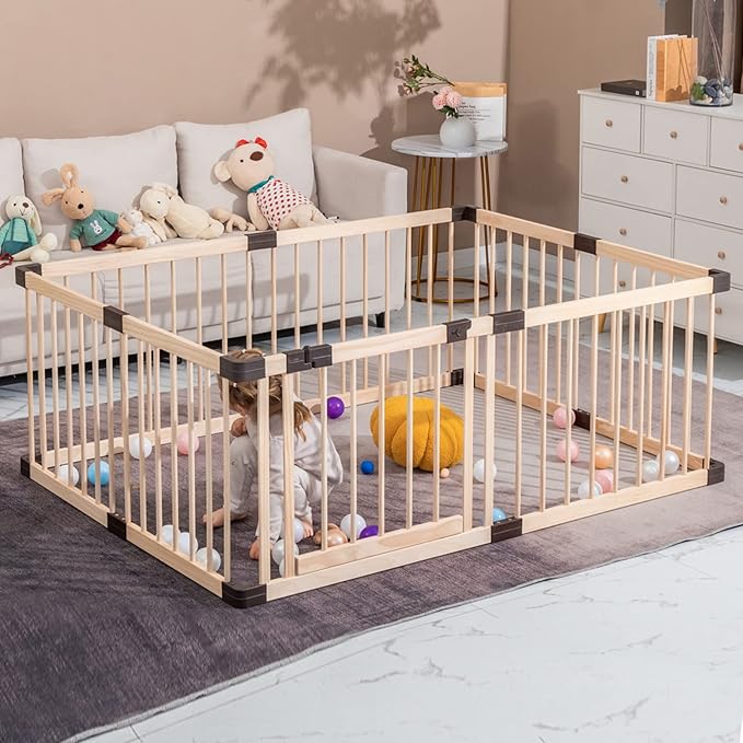 Playpen for Babies and Toddlers, Wooden,Conababy Baby Play Fence, Play Yards,Baby Activity Center, Indoor(140x200CM)