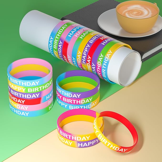 CHRORINE Happy Birthday Rubber Bracelets 12 Styles Silicone Wristbands for Classroom Birthday Party Favors 72 Pieces