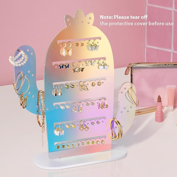 NiHome Cactus Iridescent Acrylic Earring Organizer, 11.2"x12.8", Earring Holder Organizer, Earring Stud Organizer, Plastic Clear Acrylic Earring Rack Holder Organizer for Girl Women