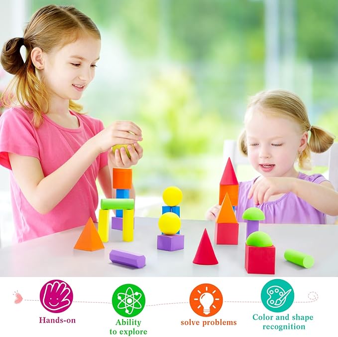 Wettarn 24 Pieces Large Size Foam Geometric Solid Blocks 3D Shapes Assorted Colors Foam Blocks for Teaching School, Family, Toddlers, Preschool Supplies, 12 Shapes