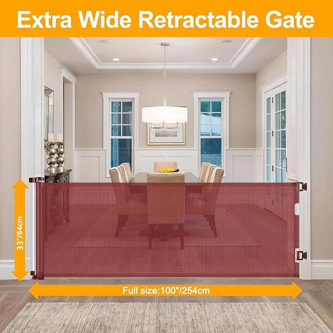 Retractable Baby Gate, Mesh Baby Gate or Mesh Dog Gate, 33" Tall, Extends up to 100" Wide,Child Safety Gate for Doorways, Stairs, Hallways, Indoor/Outdoor (Timber)