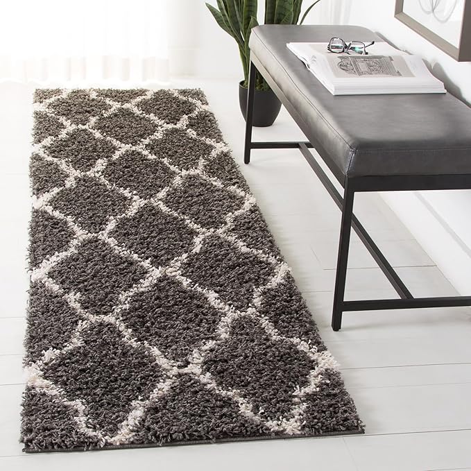 SAFAVIEH Dallas Shag Collection 2'3" x 8' Dark Grey/Ivory SGDS257A Trellis Non-Shedding Living Room Bedroom Dining Room Entryway Plush 1.5-inch Thick Runner Rug