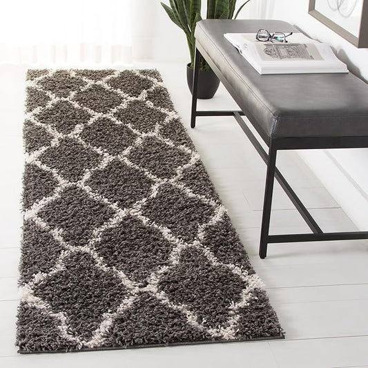SAFAVIEH Dallas Shag Collection 2'3" x 8' Dark Grey/Ivory SGDS257A Trellis Non-Shedding Living Room Bedroom Dining Room Entryway Plush 1.5-inch Thick Runner Rug