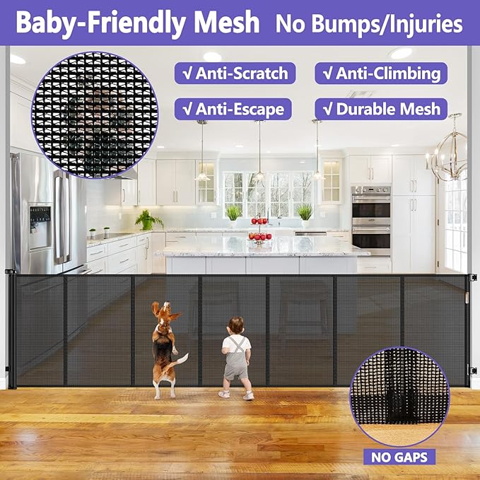 Reinforced 42 Inch Extra Tall Pet Gate with Support Rods, 96" Wide Retractable Baby Gate, Prevent Crawling Under Extra Tall Retractable Dog Gate Indoor Retractable Gate Outdoor Gates for Decks, Black