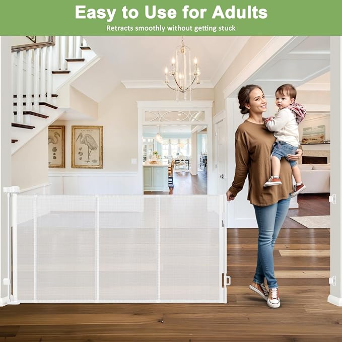 Reinforced 100 Inch Retractable Baby Gates for Doorways Extra Wide Baby Gates for Large Openings with Support Rods Retractable Baby Gate for Stairs Mesh Dog Gate Retractable Outdoor Retractable Gate