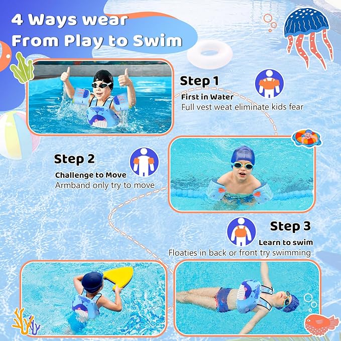 Vvinca Separable Toddler Swim Vest Fit 22-66 Lbs（1-6 Years）|2025 Newest 3 in 1 Pool Float & Arm Bands Boys and Girls, Adjustable Sturdy Safety for Infant 1 2 3 4 5 6 Year