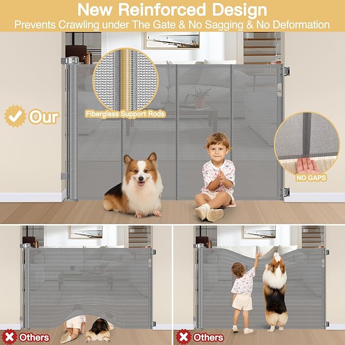 Reinforced 42" Extra Tall Baby Gate 55" Wide Retractable Dog Gate with Support Rods - Bottom Anti-Escape, Extra Tall Pet Gate Indoor Stair Gate Retractable Gates for Dogs Outdoor Gates for Decks, Gray