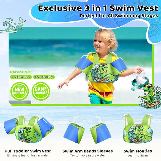 Vvinca Separable Toddler Swim Vest Fit 22-66 Lbs（1-6 Years）|2025 Newest 3 in 1 Pool Float & Arm Bands Boys and Girls, Adjustable Sturdy Safety for Infant 1 2 3 4 5 6 Year