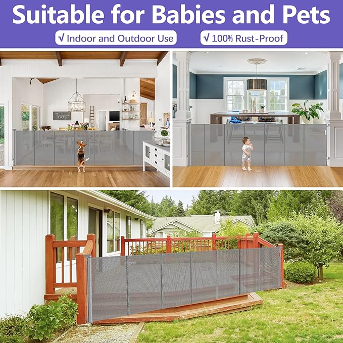 Reinforced 42" Extra Tall Pet Gate 155" Extra Wide Retractable Baby Gate with Support Rods - Prevent Crawling Under, Indoor/Outdoor Mesh Safety Gate Extra Wide Baby Gate Tall Baby Gates for Dogs, Gray