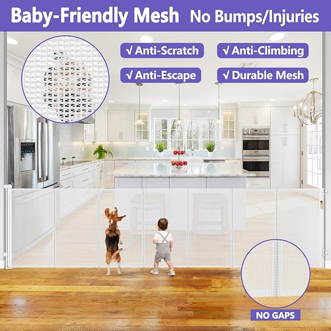 Reinforced 42 Inch Tall Retractable Baby Gates Extra Wide Dog Gate, 155 Inch Extra Long Baby Gate with Support Rods - Prevent Crawling Under, Indoor Retractable Gate Outdoor Extra Tall Dog Gate, White