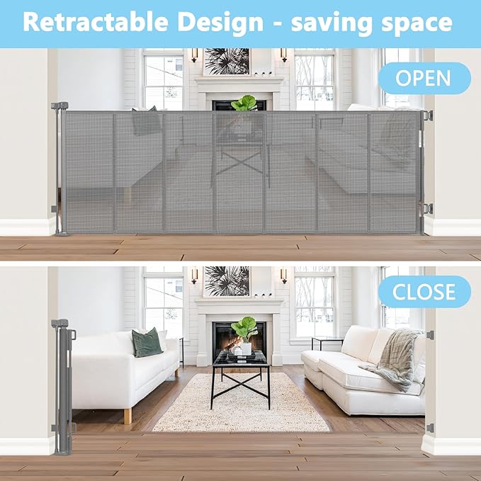 Reinforced 120 Inch Retractable Dog Gate Extra Wide Retractable Baby Gate Stop Bottom Crawling Over Babies and Pets Retractable Pet Gate Puppy Gate for The House Extra Wide Child Gate for Wide Opening