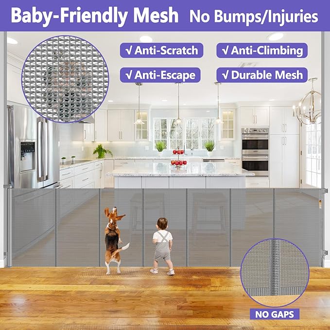 Reinforced 42" Extra Tall Pet Gate 155" Extra Wide Retractable Baby Gate with Support Rods - Prevent Crawling Under, Indoor/Outdoor Mesh Safety Gate Extra Wide Baby Gate Tall Baby Gates for Dogs, Gray