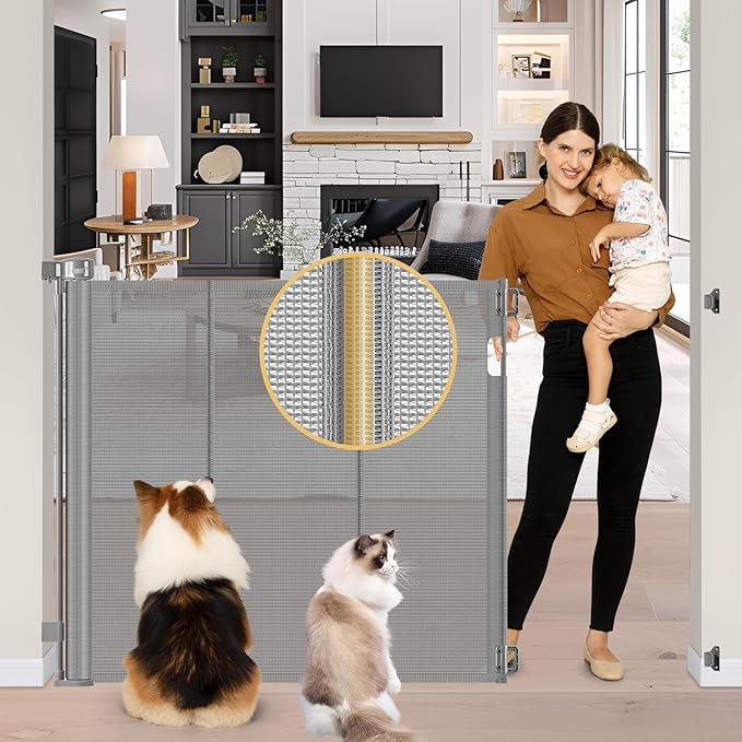 Reinforced 42" Extra Tall Baby Gate 55" Wide Retractable Dog Gate with Support Rods - Bottom Anti-Escape, Extra Tall Pet Gate Indoor Stair Gate Retractable Gates for Dogs Outdoor Gates for Decks, Gray