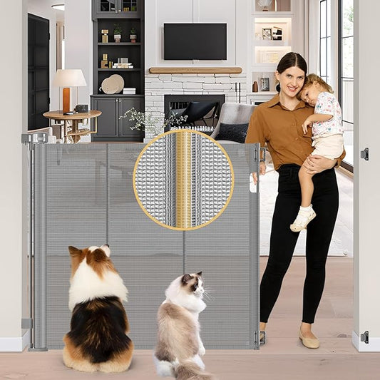 Reinforced 42" Extra Tall Baby Gate 55" Wide Retractable Dog Gate with Support Rods - Bottom Anti-Escape, Extra Tall Pet Gate Indoor Stair Gate Retractable Gates for Dogs Outdoor Gates for Decks, Gray