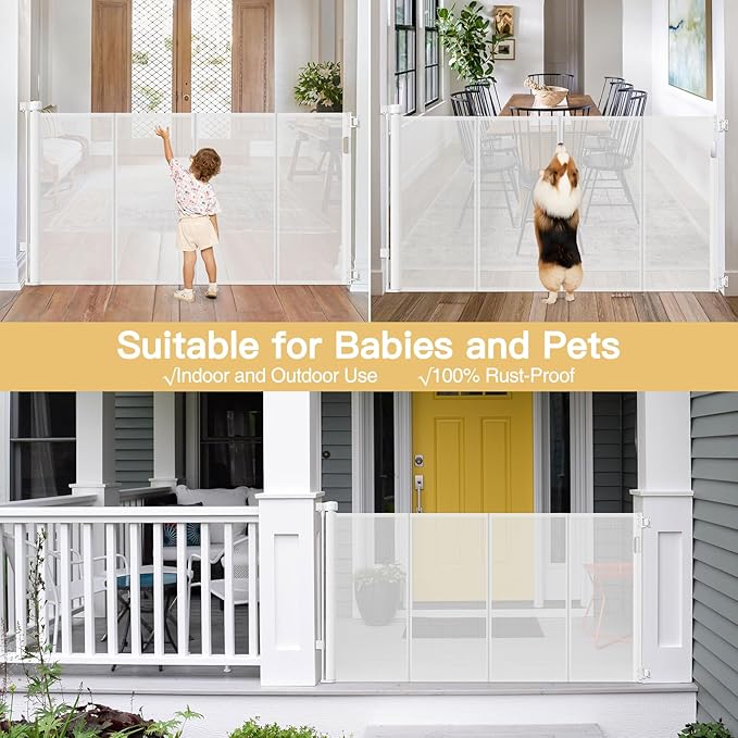 Reinforced 42" Extra Tall Retractable Baby Gates Extra Tall Dog Gate with Support Rods, 55" Wide Mesh Baby Gate Retractable Pet Gate Indoor/Outdoor Tall Baby Gates for Dogs - Bottom Anti-Escape, White