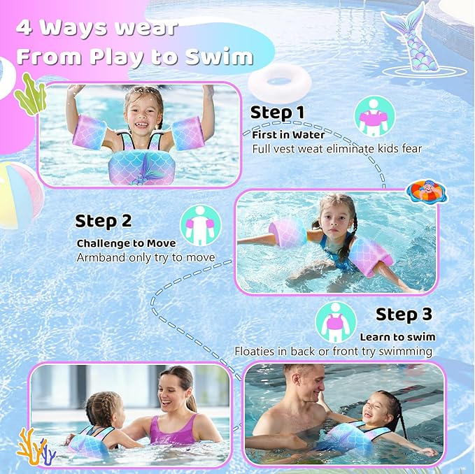 Vvinca Separable Toddler Swim Vest Fit 22-66 Lbs（1-6 Years）|2025 Newest 3 in 1 Pool Float & Arm Bands Boys and Girls, Adjustable Sturdy Safety for Infant 1 2 3 4 5 6 Year