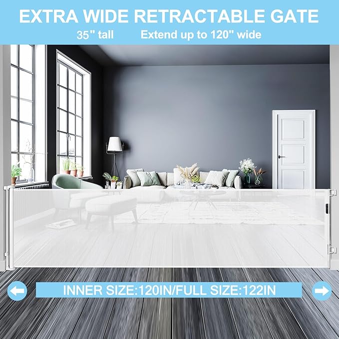 120 Inch Extra Wide Baby Gate for Doorways Extra Long Retractable Baby Gates Dog Gate for The House Large Pet Gate for Dogs Indoor Child Gates for Wide Openings Mesh Baby Gates for Dogs (White)