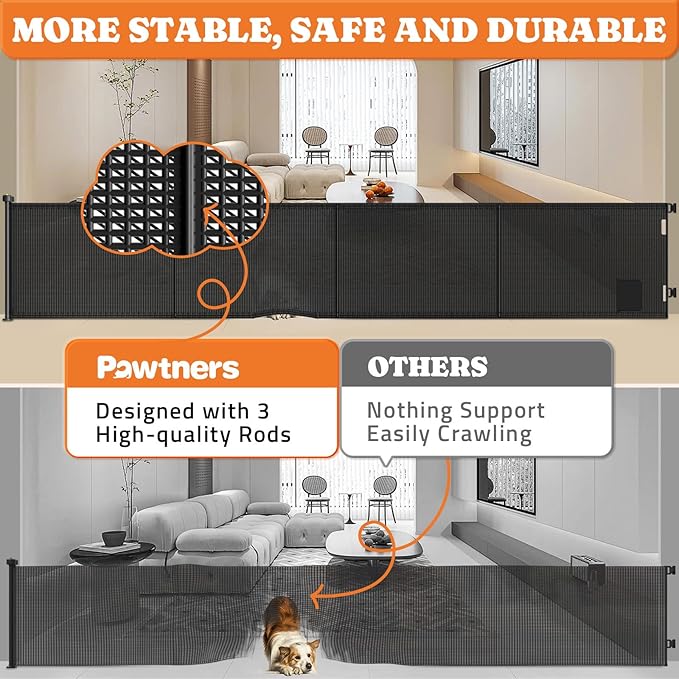 Pawtners Retractable Baby Gates Extra Wide, 41" Tall Extends up to 200" Wide, Dog Gate Indoor with Cat Door for Stairs, Pet Gate with Support Rods for Doorways Hallways Indoor & Outdoor-Black