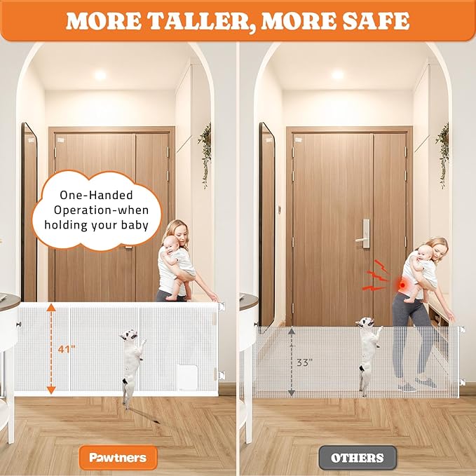 Pawtners Retractable Baby Gates Extra Wide, 41" Tall Extends up to 200" Wide, Dog Gate Indoor with Cat Door for Stairs, Pet Gate with Support Rods for Doorways Hallways Indoor & Outdoor-White