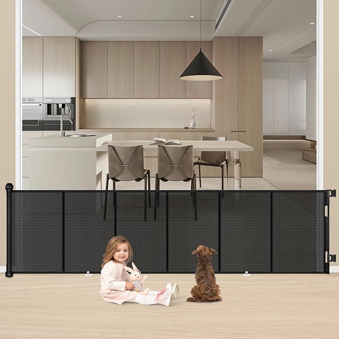34X100” Extra Wide Safety Retractable Baby Gate, Extra Wide Safety Kids or Pets Gate, 34” Tall, Extends to 100” Extra Wide, Built-in Reinforce Strip Mesh Safety Dog Gate for Stairs (34”X100”, Black)