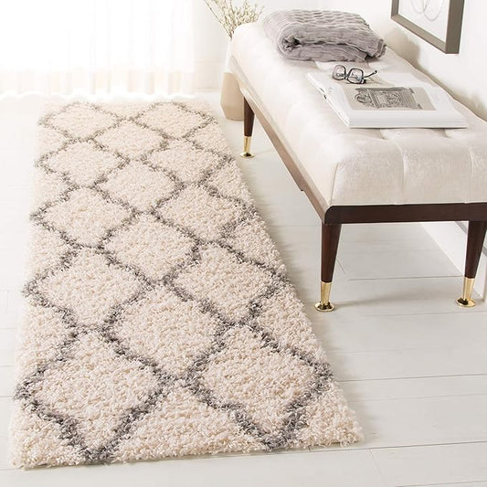 SAFAVIEH Dallas Shag Collection 2'3" x 6' Ivory/Grey SGDS257F Trellis Non-Shedding Living Room Bedroom Dining Room Entryway Plush 1.5-inch Thick Runner Rug