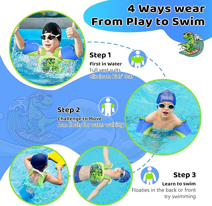Vvinca Separable Toddler Swim Vest Fit 22-66 Lbs（1-6 Years）|2025 Newest 3 in 1 Pool Float & Arm Bands Boys and Girls, Adjustable Sturdy Safety for Infant 1 2 3 4 5 6 Year