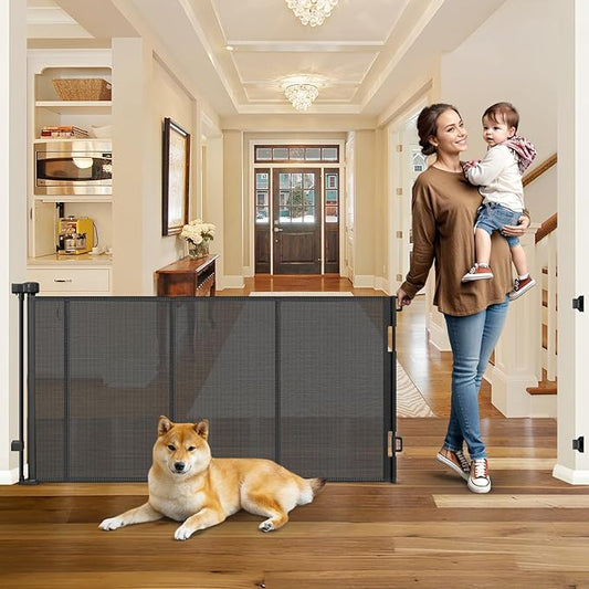 Reinforced 100 Inch Extra Wide Retractable Dog Gate for The House Extra Wide Retractable Baby Gates Extra Wide Retractable Pet Gate for Dogs Extra Long Baby Gate for Large Opening Kid Gate for Doorway