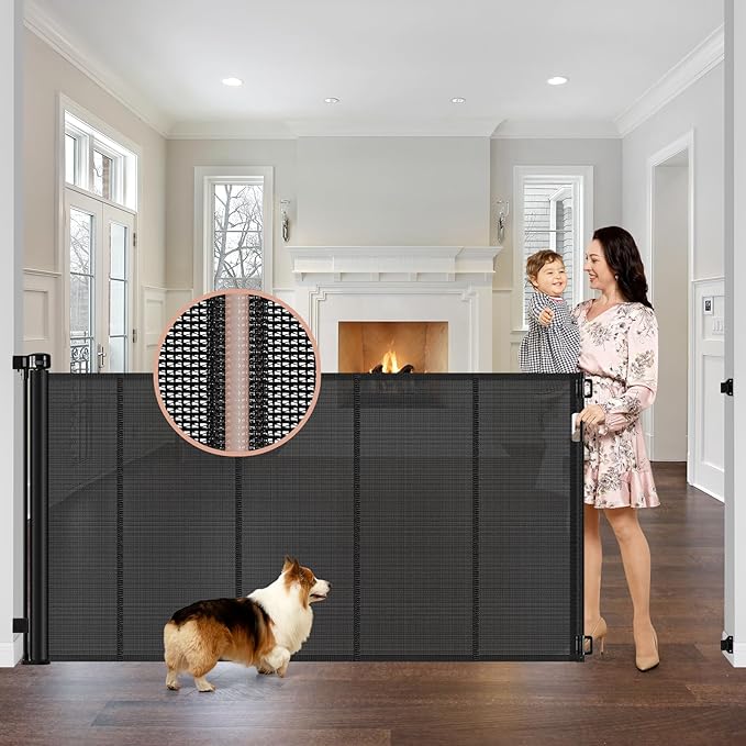 Reinforced 42" Extra Tall x 75" Wide Retractable Baby Gate with Support Rods - Prevents Crawling Under Extra Tall Dog Gate Indoor Mesh Gate Outdoor Long Baby Gate Tall Dog Gates for Doorways, Black