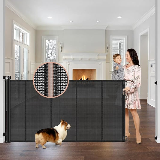 Reinforced 42" Extra Tall x 75" Wide Retractable Baby Gate with Support Rods - Prevents Crawling Under Extra Tall Dog Gate Indoor Mesh Gate Outdoor Long Baby Gate Tall Dog Gates for Doorways, Black