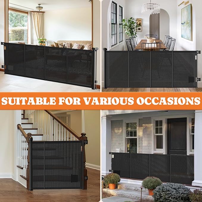 Pawtners Retractable Baby Gates Extra Wide, 41" Tall Extends up to 200" Wide, Dog Gate Indoor with Cat Door for Stairs, Pet Gate with Support Rods for Doorways Hallways Indoor & Outdoor-Black