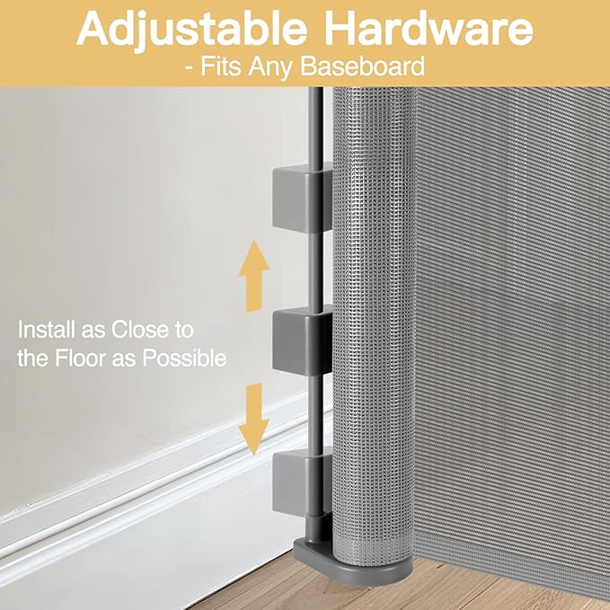 Reinforced 42" Extra Tall Baby Gate 55" Wide Retractable Dog Gate with Support Rods - Bottom Anti-Escape, Extra Tall Pet Gate Indoor Stair Gate Retractable Gates for Dogs Outdoor Gates for Decks, Gray