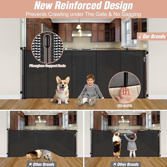 Reinforced 42" Extra Tall x 75" Wide Retractable Baby Gate with Support Rods - Prevents Crawling Under Extra Tall Dog Gate Indoor Mesh Gate Outdoor Long Baby Gate Tall Dog Gates for Doorways, Black