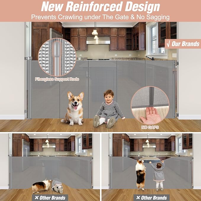 Reinforced 42" Extra Tall x 75" Wide Retractable Baby Gates with Support Rods - Prevent Crawling under Extra Tall Pet Gate Indoor Mesh Baby Gate Tall Baby Gates for Dogs Outdoor Retractable Gate, Gray